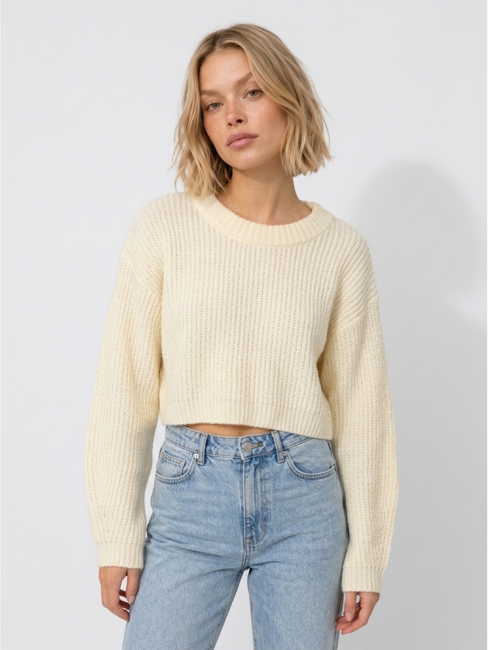 Urban Outfitters Cream Cropped Sweater Balloon Sleeve Slouchy Knit S
